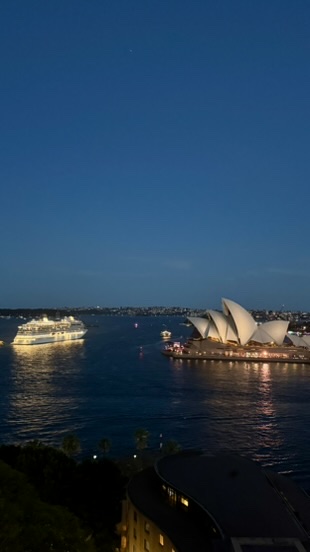 Sydney Opera House met cruiseschip bij nacht